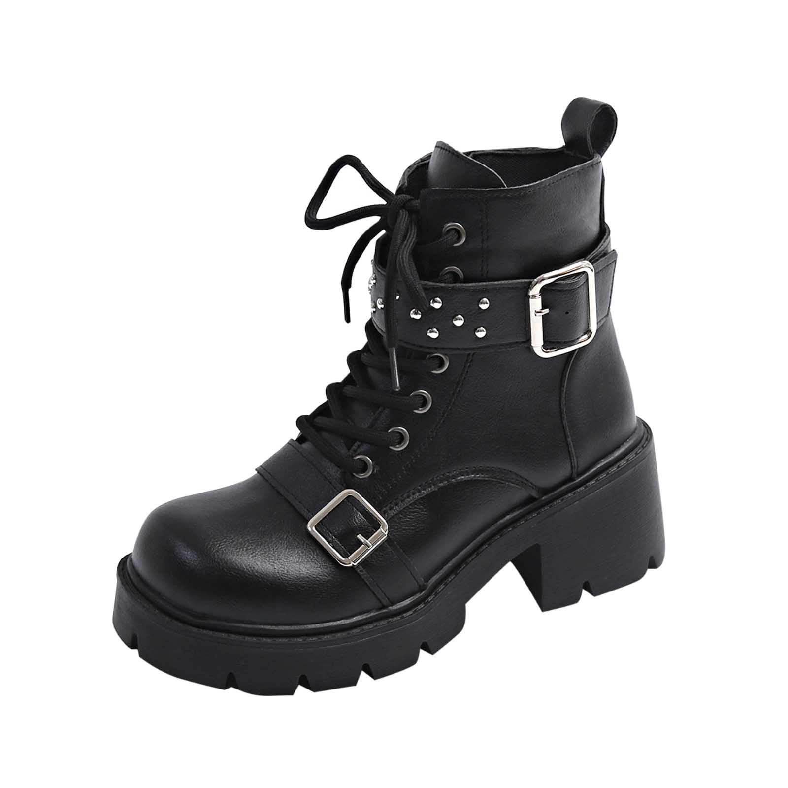 Womens Motorcycle Style Ankle Boots with Belt Buckle Round Toe Lace-Up Front and Chunky Mid Heel