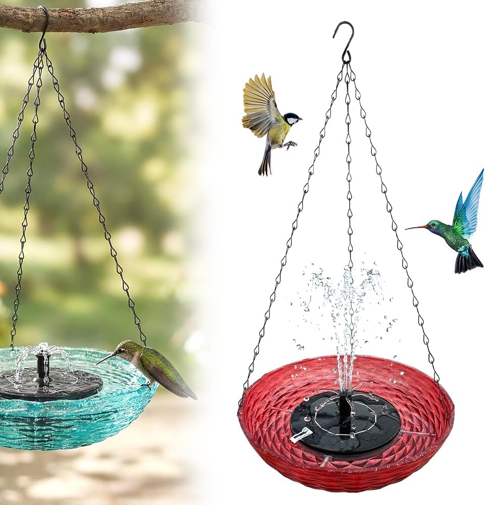 Solar Cascade Hanging Bird Bath Fountain, 2026 New Solar Powered Cascading Outdoor Water Fountain with Flowing Water, Hanging Bird Bath Decorative Garden Yard Patio Bird Bath Fountain (Red)