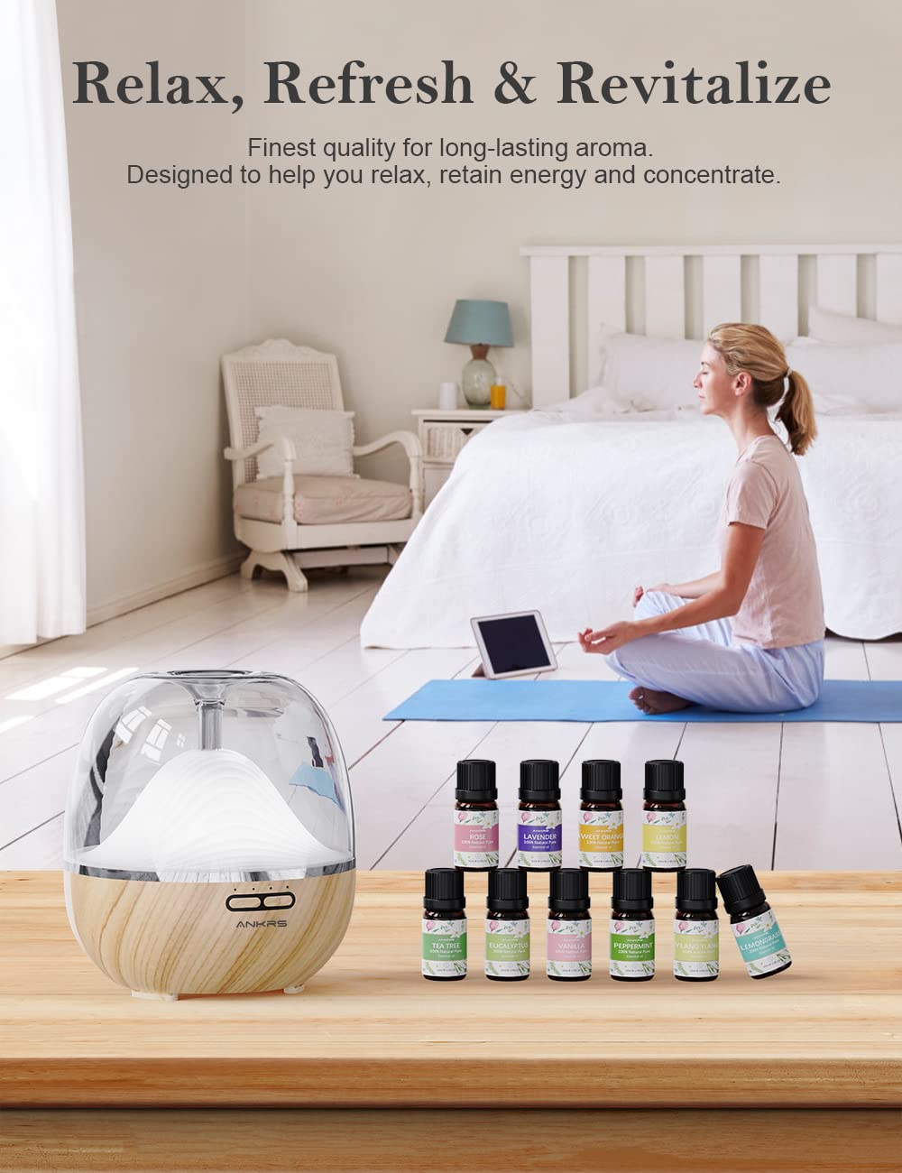 Set d'Huiles Essentielles 10x10ml 100% Naturelles pour Diffuseur d'Aromathérapie - Tea Tree Oil, Eucalyptus, Peppermint, Lemon, Orange, Lemongrass, Lavender, Rose, Ylang-Ylang, Vanilla