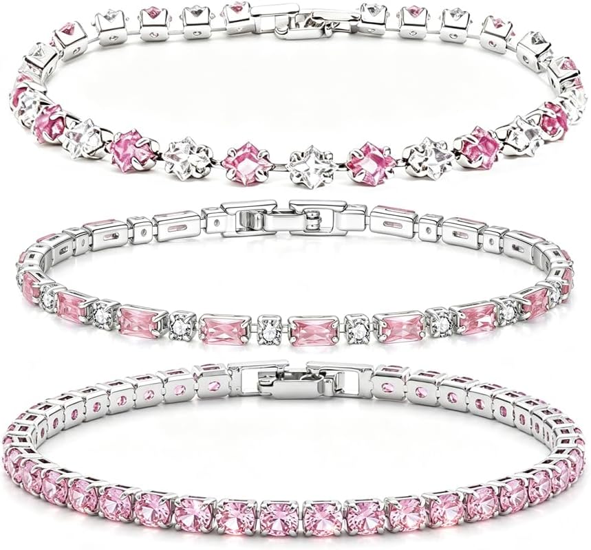 3Pcs Women Stackable 14K Gold Plated Tennis Bracelet with Colorful CZ