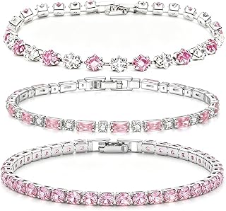 3Pcs Women Stackable 14K Gold Plated Tennis Bracelet with Colorful CZ | Dainty Classic Everyday Jewelry 14K Gold Plated Colorful Cubic Zirconia Tennis Bracelet Created Diamond for Wedding 7 inches