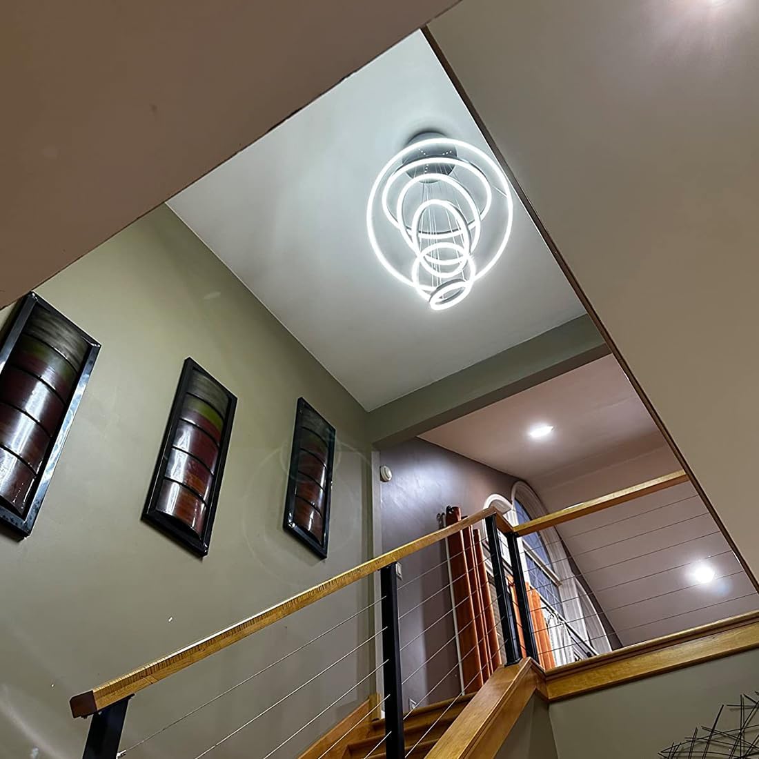 Modern Chandelier,Large 6 Rings High Ceiling Chandelier with Remote, Dimmable Black Led Chandelier for Living Room High Ceiling,Luxury Big Contemporary Staircase Foyer Entryway Chandeliers D31.5 inch
