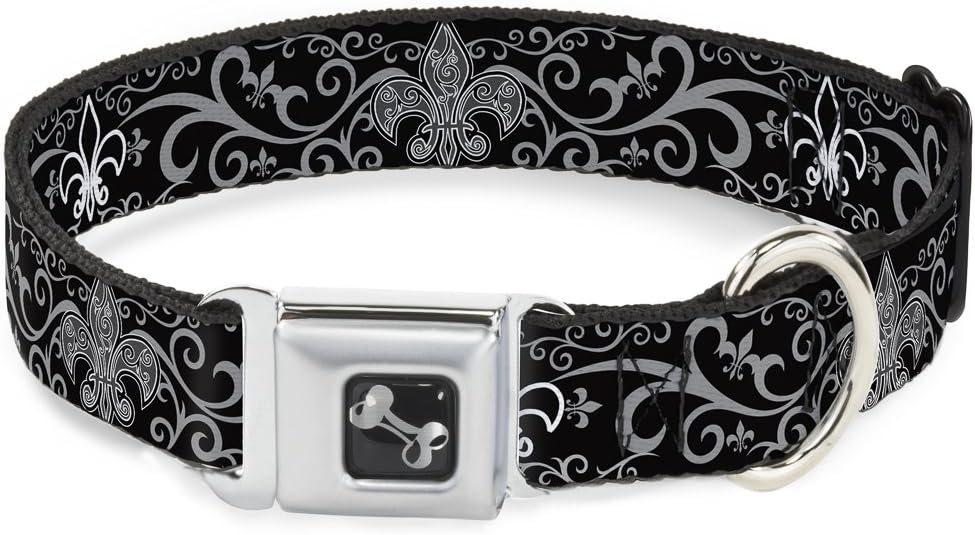 Buckle-Down Seatbelt Buckle Dog Collar - Fleur-de-Lis w/Filigree Black/Gray - 1.5" Wide - Fits 18-32" Neck - Large