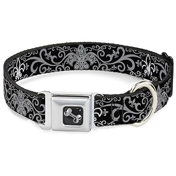 Buckle-Down DC-W30611-WL Seatbelt Dog Collar, Wide Large, Fleur-de-Lis w/Filigree Black/Gray