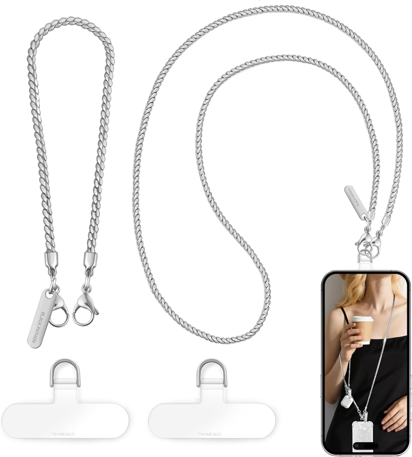 Cell Phone Chain 2 Pack, 1*Crossbody Lanyard 1*Anti Theft Wrist Strap Cellphone Wristlet 2*Clear Tether Tabs Fits for Most Case