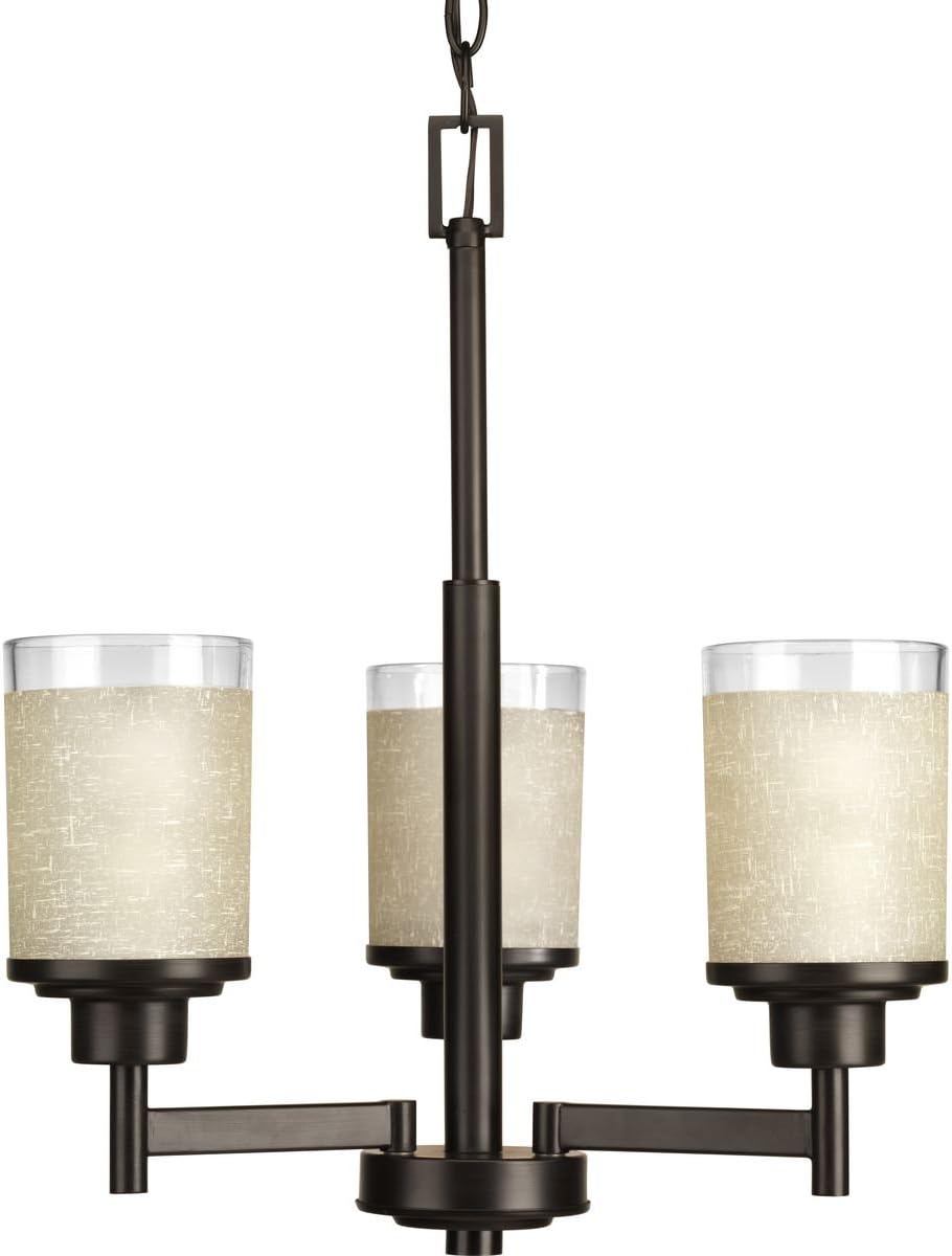 Progress Lighting Alexa Collection 3-Light Etched Umber Linen with Clear Edge Glass Modern Chandelier Light Antique Bronze