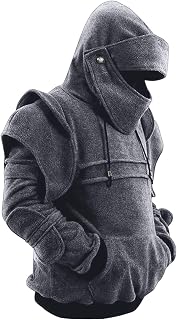 Men's Medieval Knight Hoodie Retro Mask Elbow Armor Sweatshirts Heavyweight Drawstring Pullover Halloween Costume