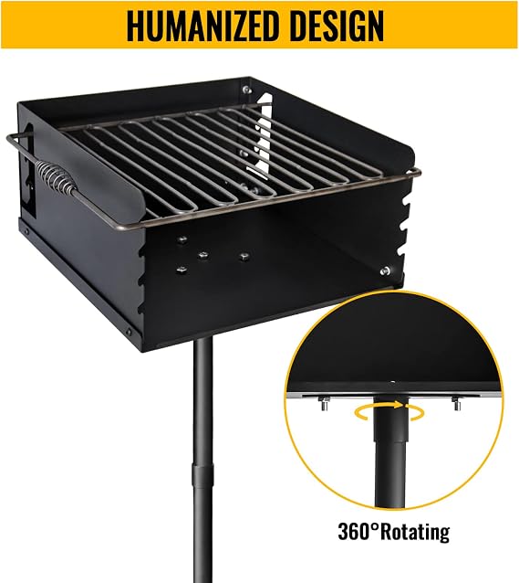 Park-Style Charcoal Grill, 16x16x8 Inch Heavy Duty Steel Outdoor BBQ Grill with Grate, Single Post Carbon Steel Park Grill for BBQ, Backyard, Camping