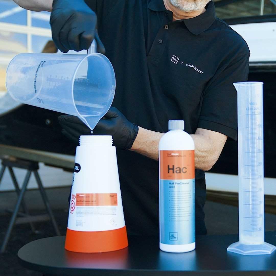 wortek Kit de pré-nettoyage pour bateau Koch Chemie Hull Precleaner Acid 1 l Hac avec gant de lavage en microfibre GFK Nettoyant acide pré-nettoyant pour pont de bateau