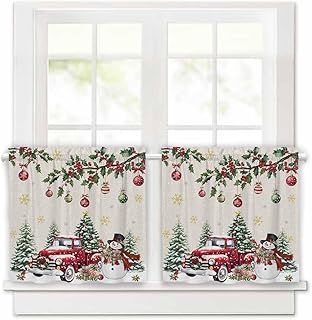 Waffle Bathroom Window Curtains 36 Inches Long Snowman Christmas Trees Truck Balls Waterproof Small Window Curtains Rod Pocket Tier Curtains for RV Kitchen Shower Room 2 Panels