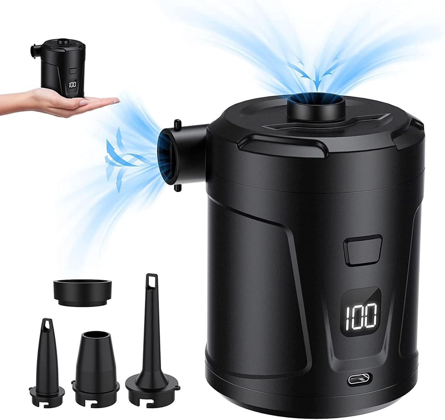 Portable Air Pump – Mini Electric Inflator, Lightweight Compact Air Device, Multi-Purpose Deflation Tool | Four Interchangeable Nozzles, Efficient Inflation for Outdoor Camping Pools Boats Swim Toys