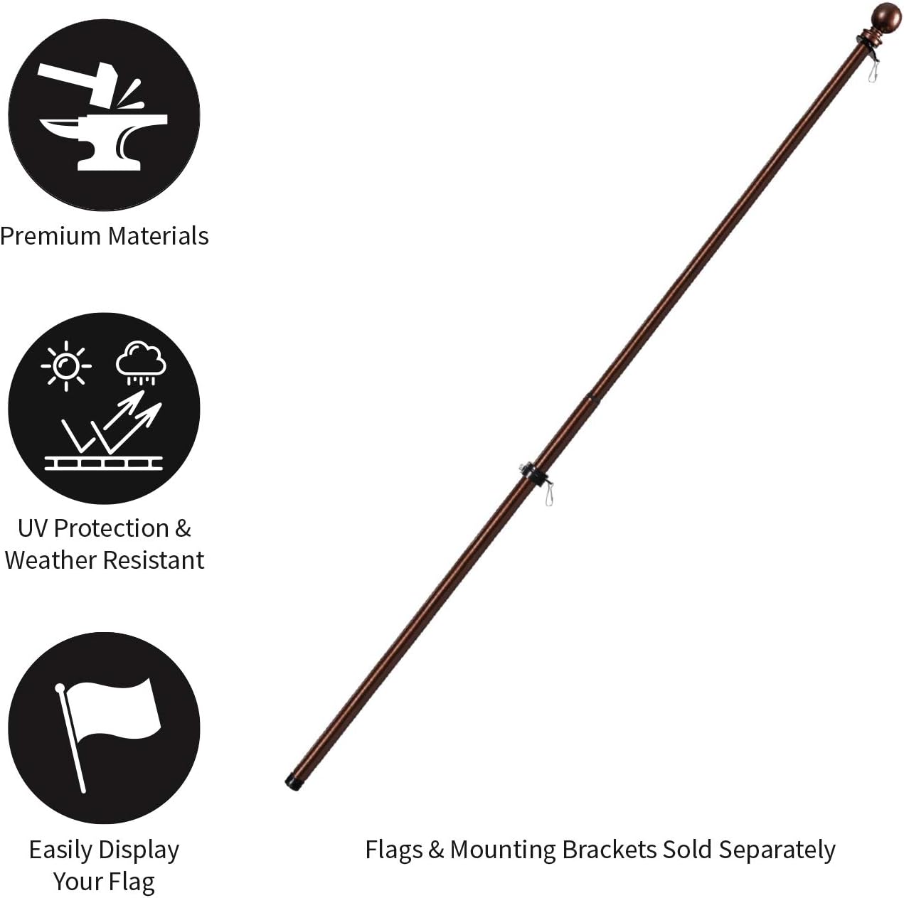 Evergreen Flag Telescoping 5ft Metal Flag Pole | Incl Two Tangle-Free Ring Clips | Bronze | Wall Mounted for Home Garden Outdoor | House and 3'x5' American Flags with Pole Sleeve or Grommets