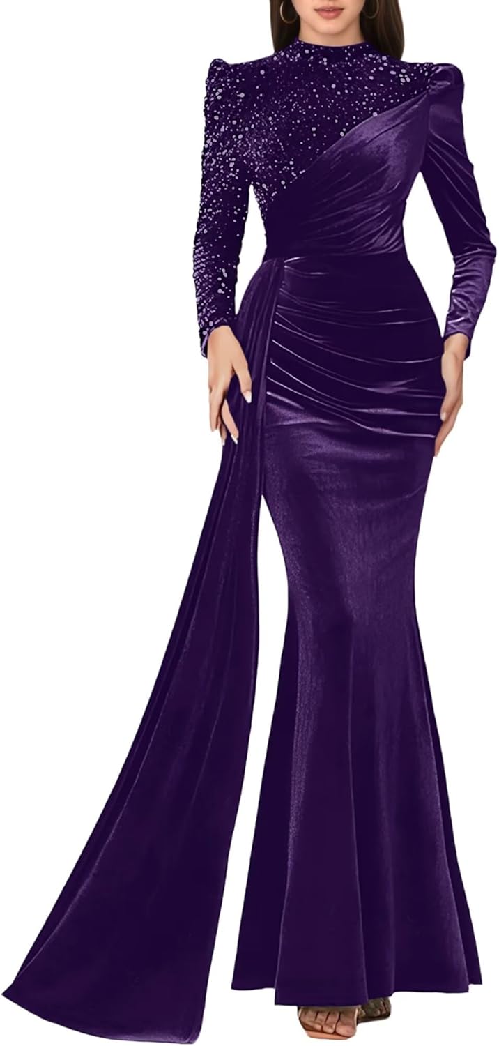High Neck Velvet Prom Dress 2025 Sparkly Sequin Mermaid Gown for Women Long Sleeve Evening Dresses with Cape JA0346