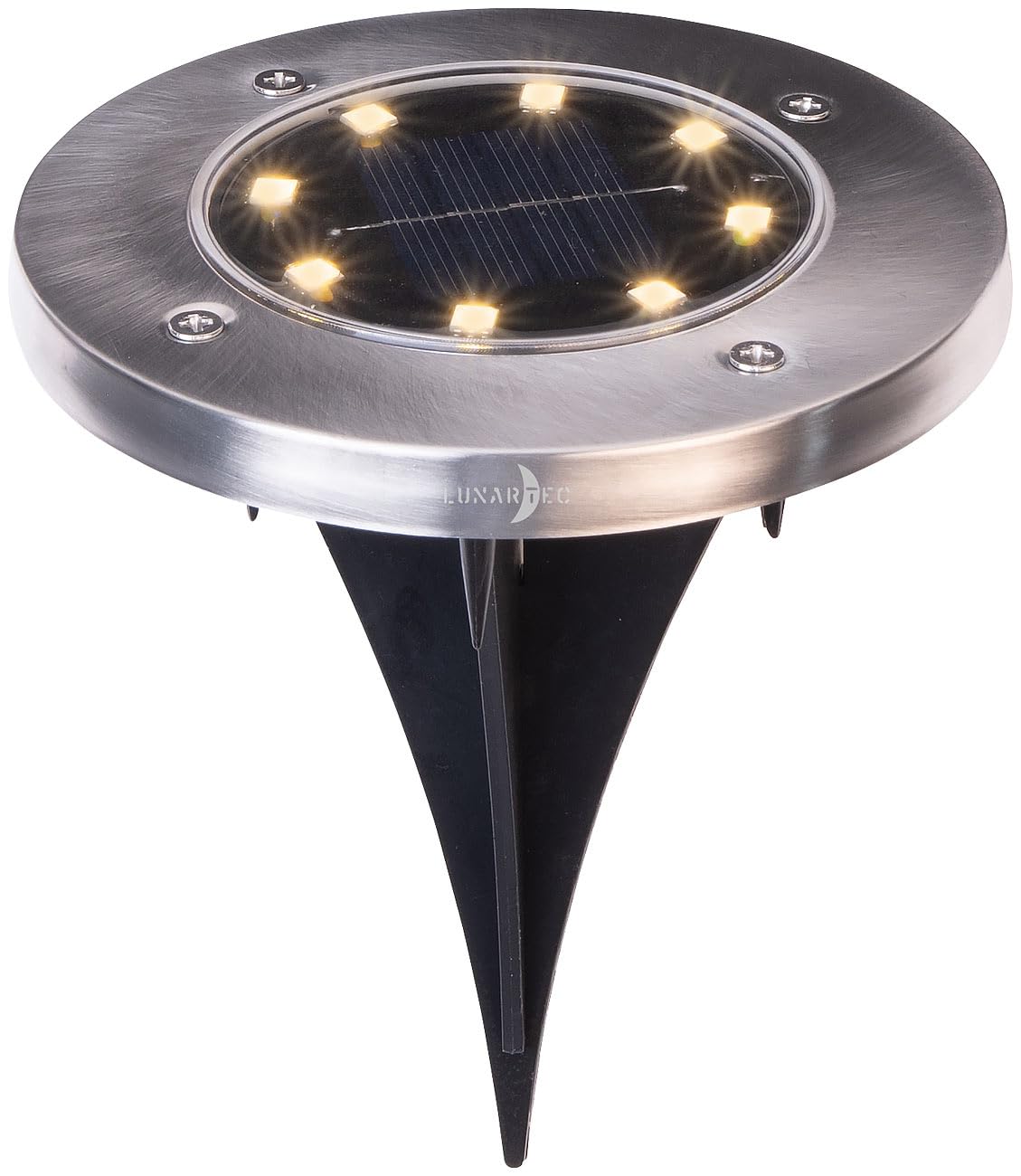 Lunartec Erdspieß-Bodenleuchten: 12er-Set Akku-Solar-Bodenleuchten, Edelstahlgehäuse, 8 LEDs, wamweiß (Solarleuchten Garten Boden, LED-Solar-Bodenstrahler, Beleuchtung)