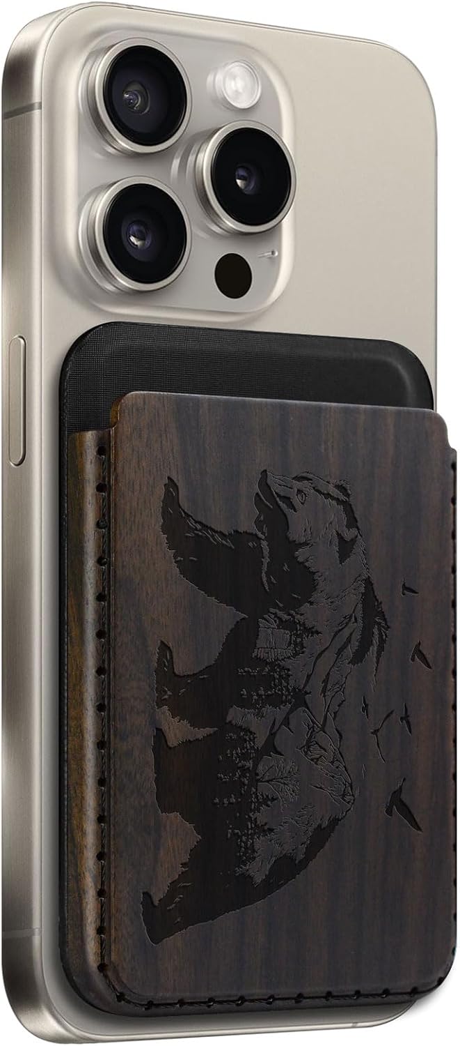 Carveit Designer Wood Wallet, Compatible with MagSafe Wallet, Magnetic Card Holder for iPhone 12/13/14/15/16 Pro Max, for Galaxy S22/S23/S24 Ultra, Pixel 7/8/9 Pro (Bear and Valleys - Black Wood)