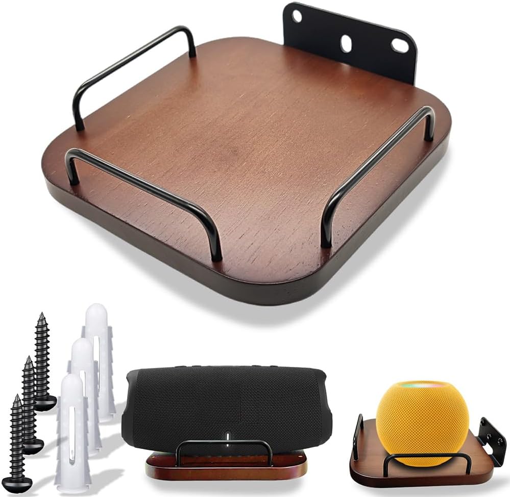 Universal Speaker wall Mount,Secure Adjustable Real Wood wall Bracket Holder,Small Speakers Shelves for Bose,homepod,JBL,Sonos,Sony,KEF,Google,Roku (Walnut,2 Pack)