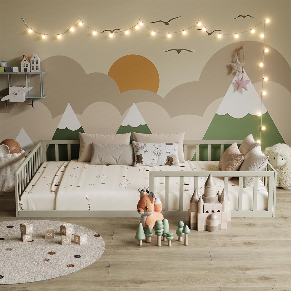 VitaliSpa Letto a pavimento Minno 120x200, letto bambini in metallo, letto Montessori con protezione anticaduta, bassa altezza d’ingresso, greige