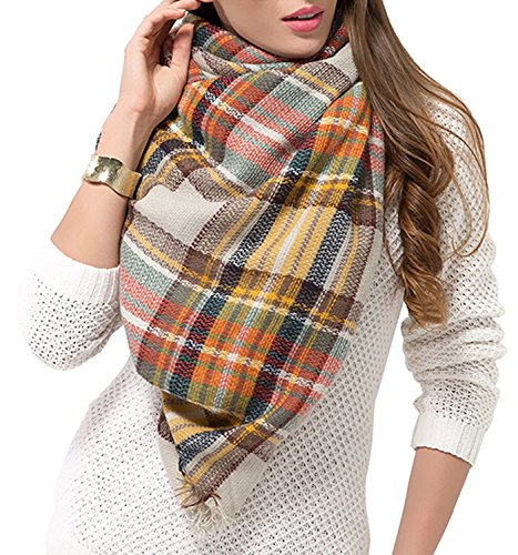 Yanekop Womens Big Blanket Scarf Soft Warm Tartan Plaid Scarf Shawl Fashion Wrap(Beige Yellow)