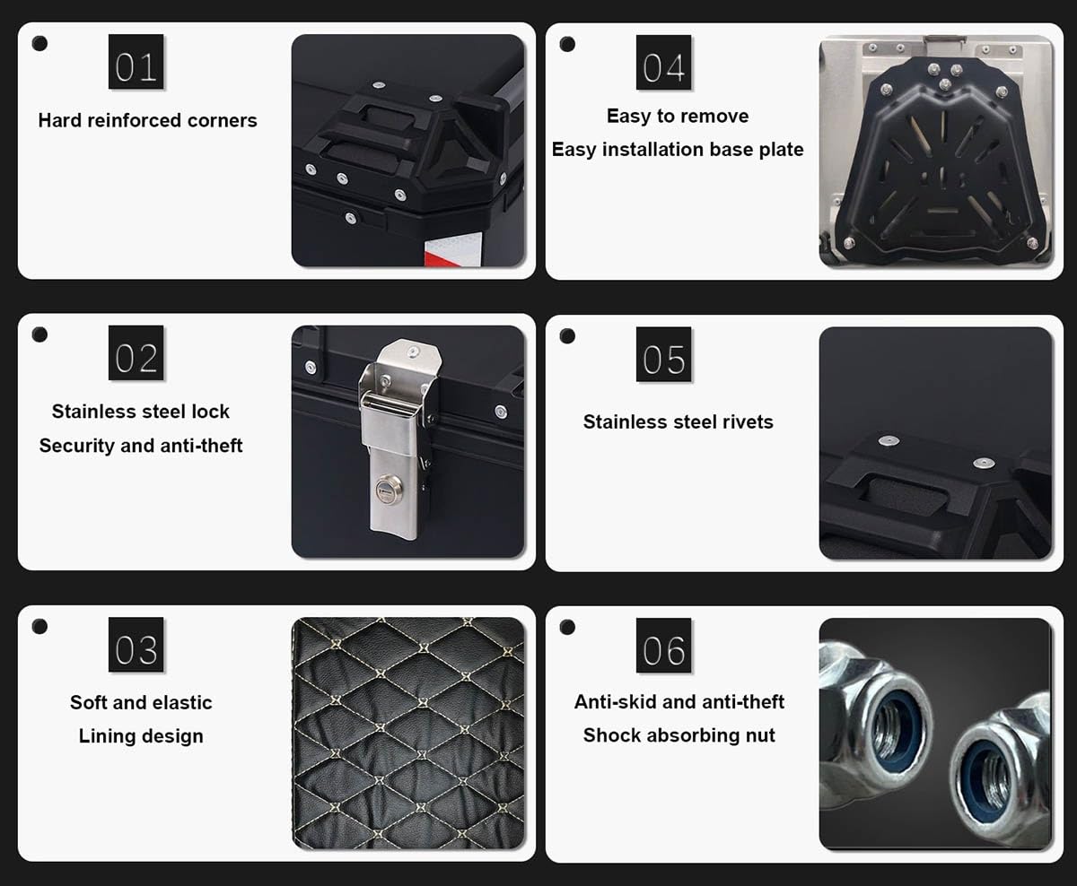 Top Case Moto Étanche, 45L 55L 65L Aluminium Moto Coffre Voyage Boîte De Queue, avec Serrure De Sécurité, pour Un Casque Et Bagages, Noir, Argenté (Couleur : Argent, Taille : 65L)