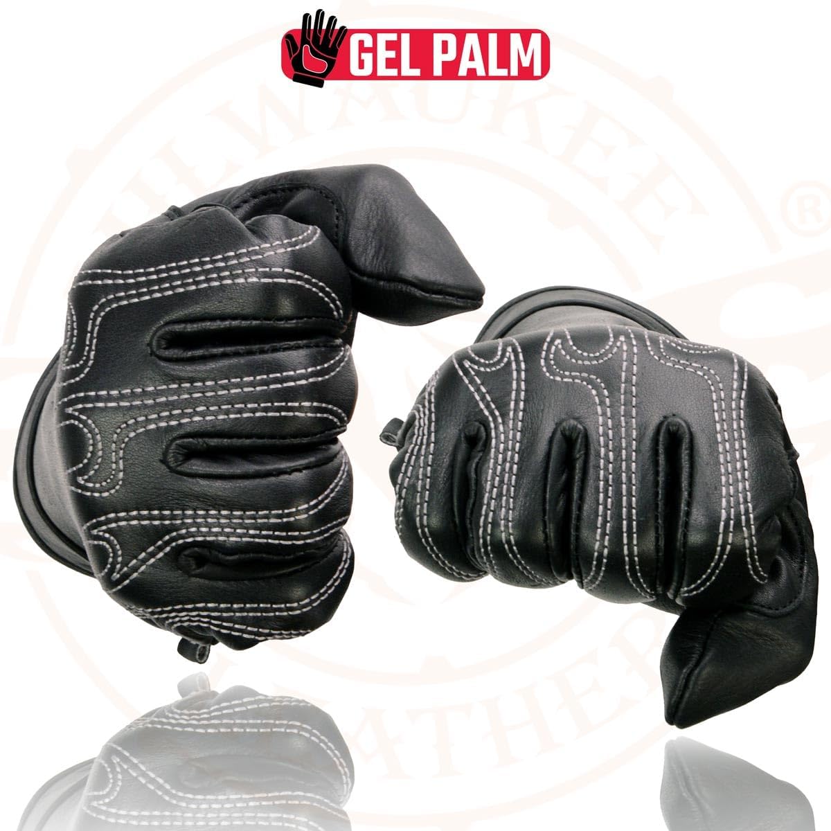 Milwaukee Leather SH820 Men's Black Leather ‘White Flame’ Cruising Hand Gloves W/Gel Palm