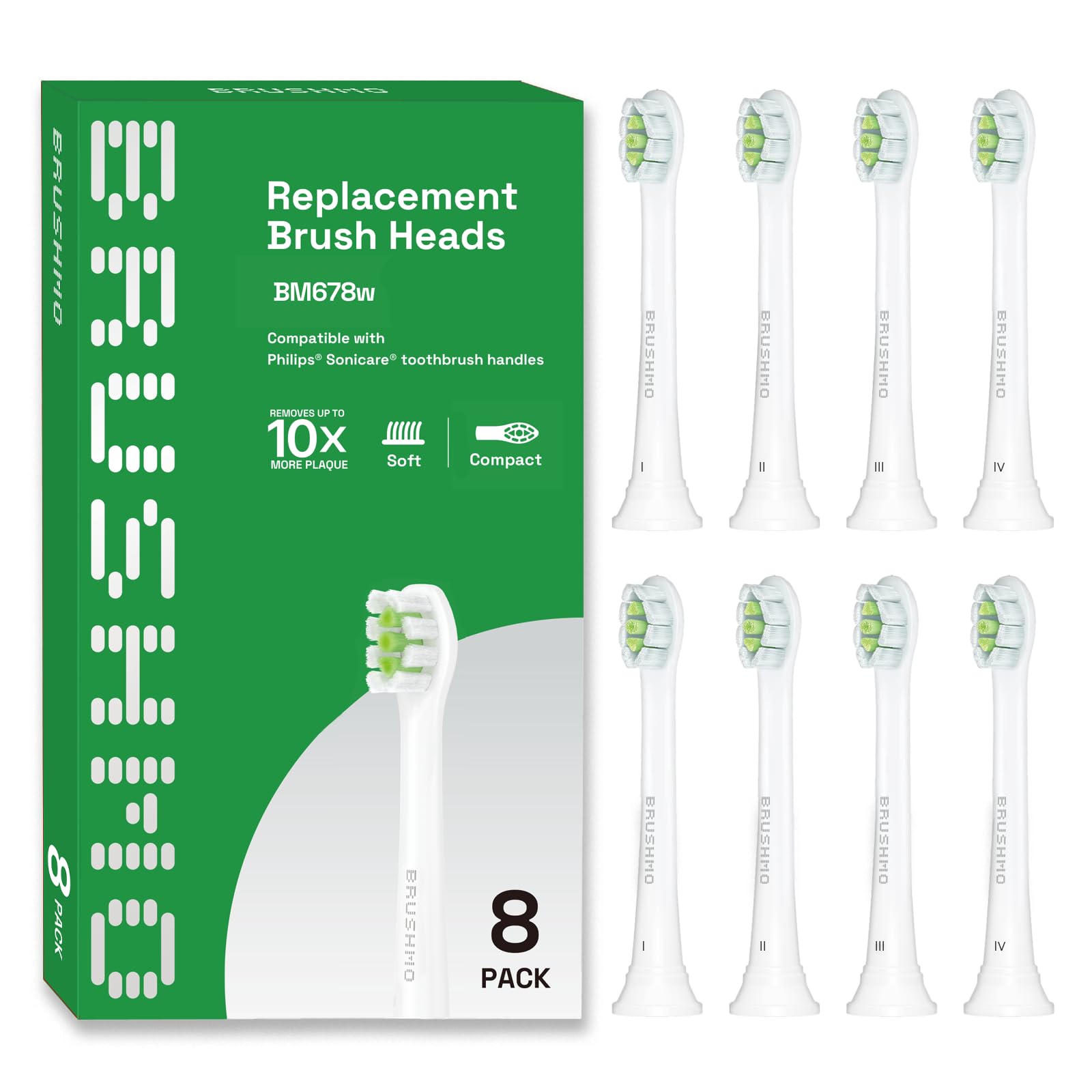 Brushmo Whitening Replacement Toothbrush Heads, Compatible with Philips Sonicare Click-on Electric Toothbrush Handles, 8 Compact Heads, Medium Firm