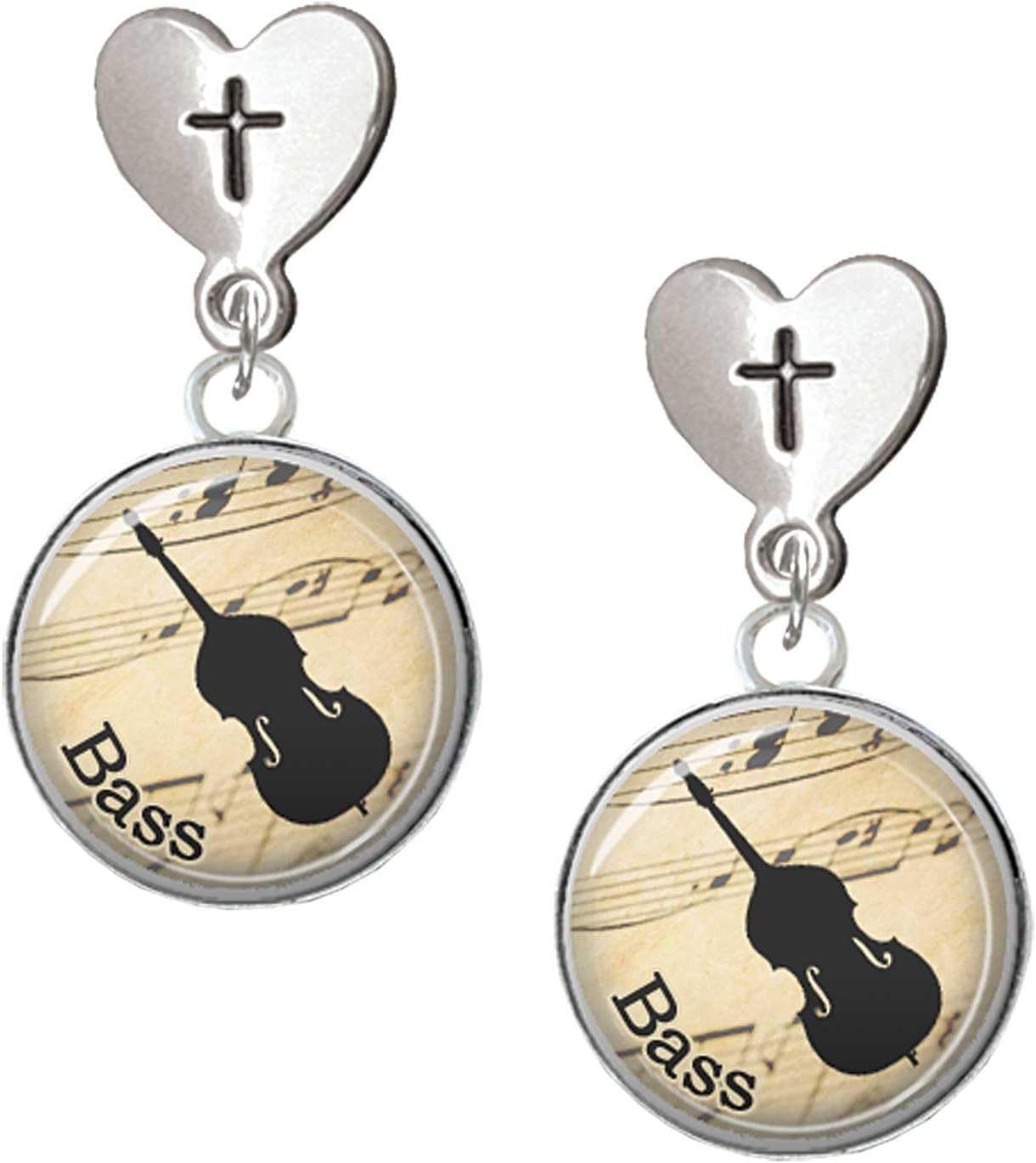 Delight Jewelry Silvertone Domed Music Cross in Heart Post Dangle Earrings