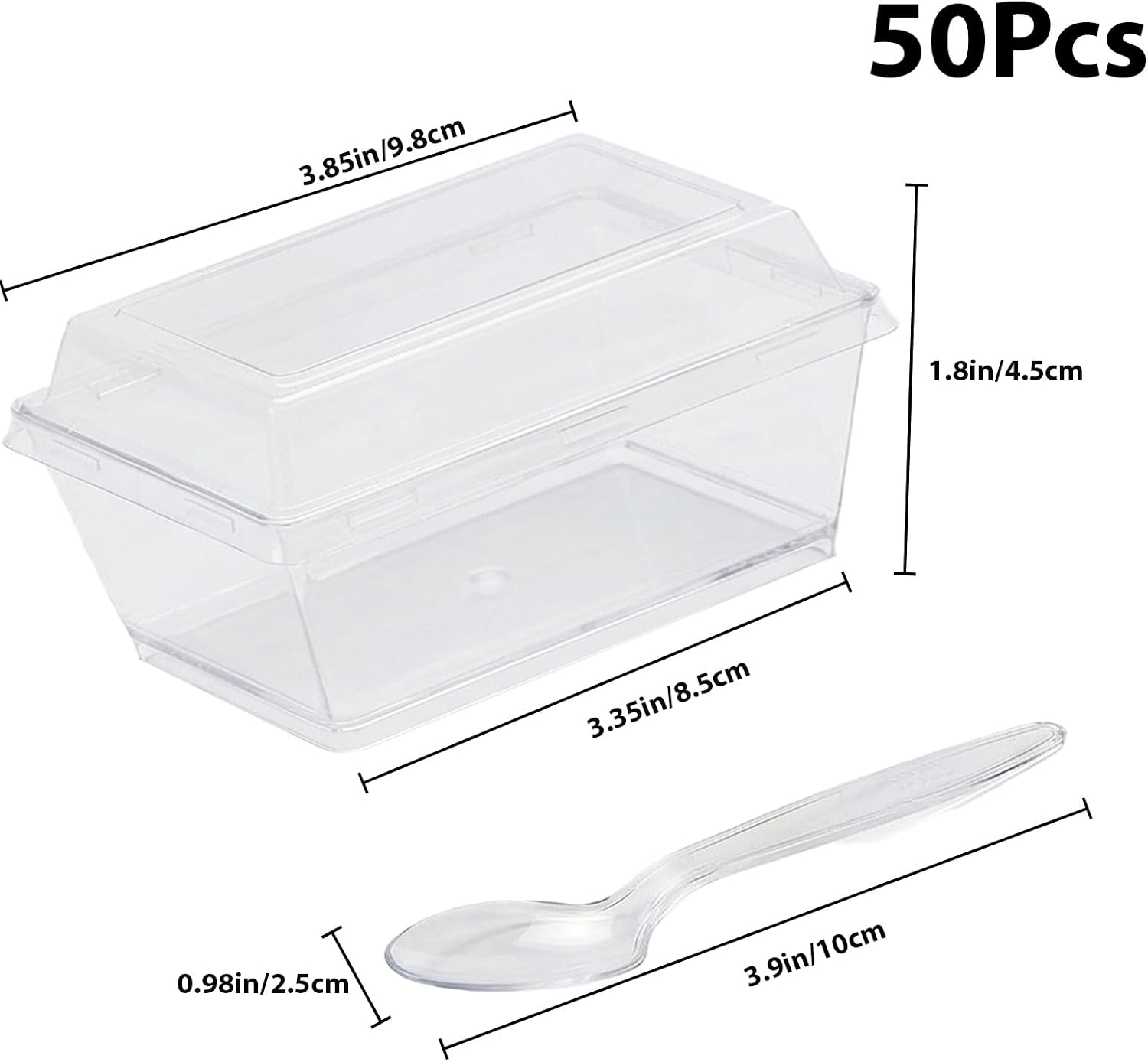 4.3oz Clear Dessert Cups with Lids and Spoons, 50 Pack Reusable Plastic Parfait Cups, Mini Rectangle Containers for Tiramisu, Mousse, Party Favors
