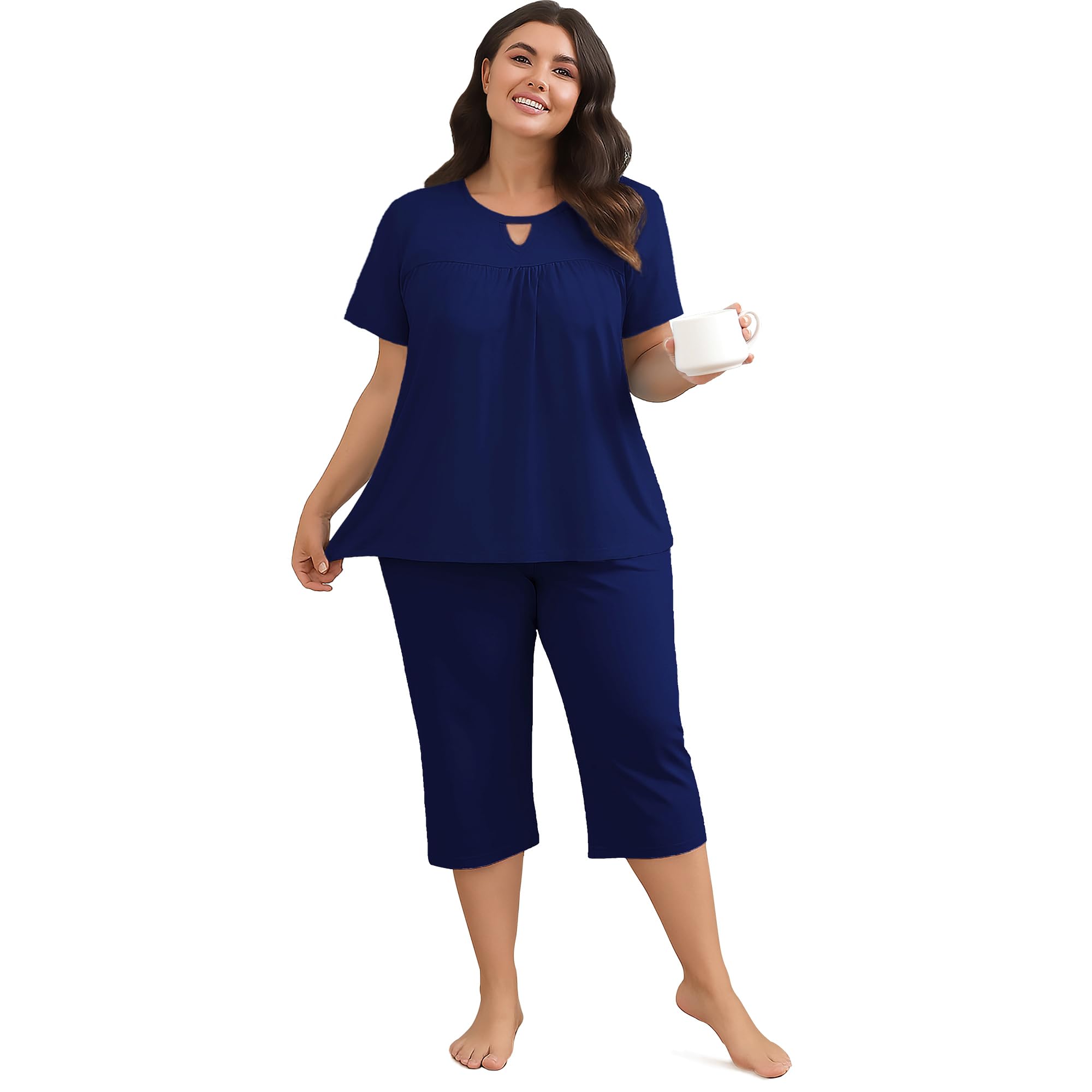 Heat Move Women’s Plus Size 2-Piece Pajama Set – Soft Short Sleeve Top & Capri Pant Sleepwear with Pockets, L-5XL