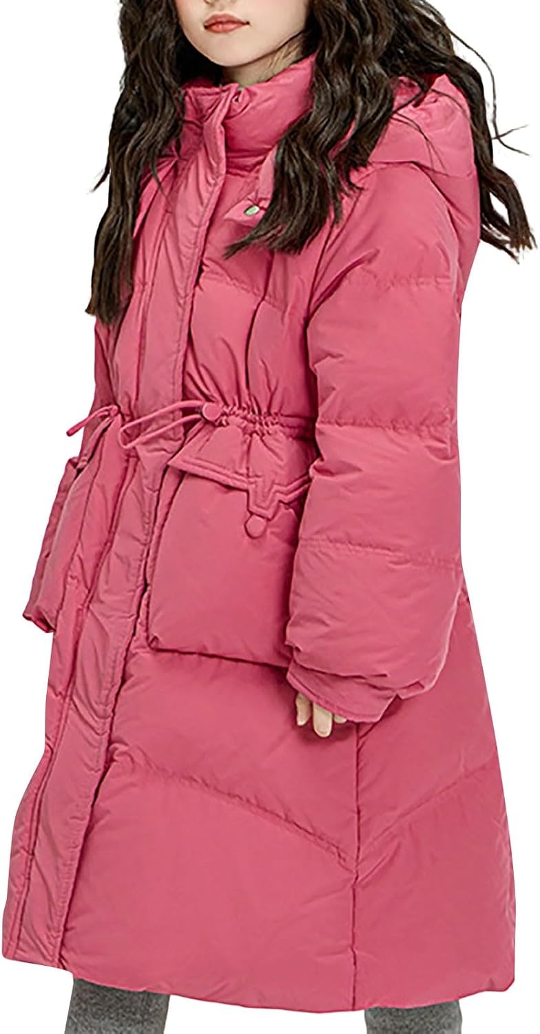 Girls Mid Length Puffer Coats Winter Thick Long Waterproof Down Jackets Kids Cotton Lined Padded Insulated Hooded Zip Outwear
