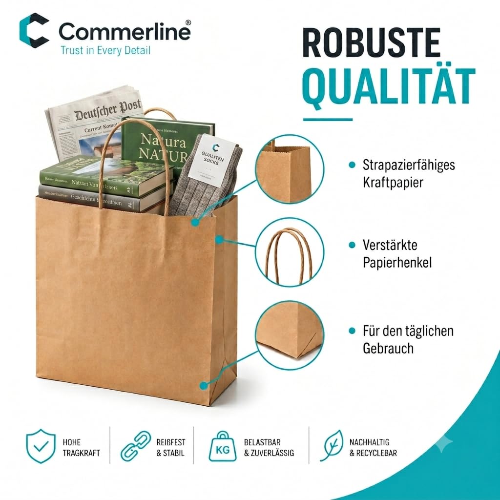 Commerline Lot de 200 sacs en papier kraft marron avec anse, 35 + 14 x 36 cm, avec poignée en cordon, sacs en papier pour le shopping et l'emballage, sacs cadeaux d'anniversaire d'enfants, fêtes
