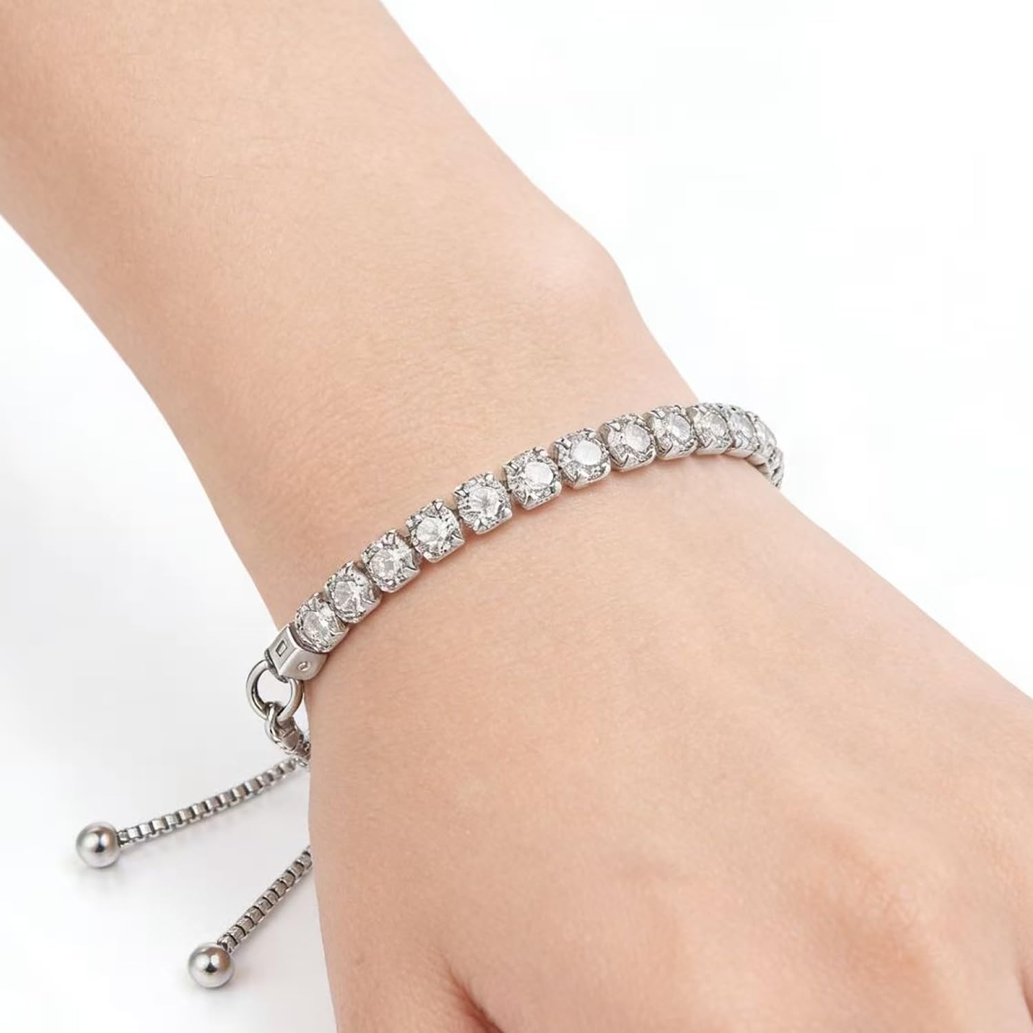 2 Pcs Silver Tennis Bracelet Set for Women, Adjustable Silver CZ Rhinestone Bracelets, Marquise Cubic Zirconia Bracelet Stack, Wedding & Prom Jewelry Gift