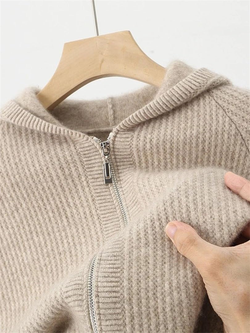 Men's Zipper Hooded Cardigan Fall Winter 100 Percent Merino Wool Knitted Thick Casual
