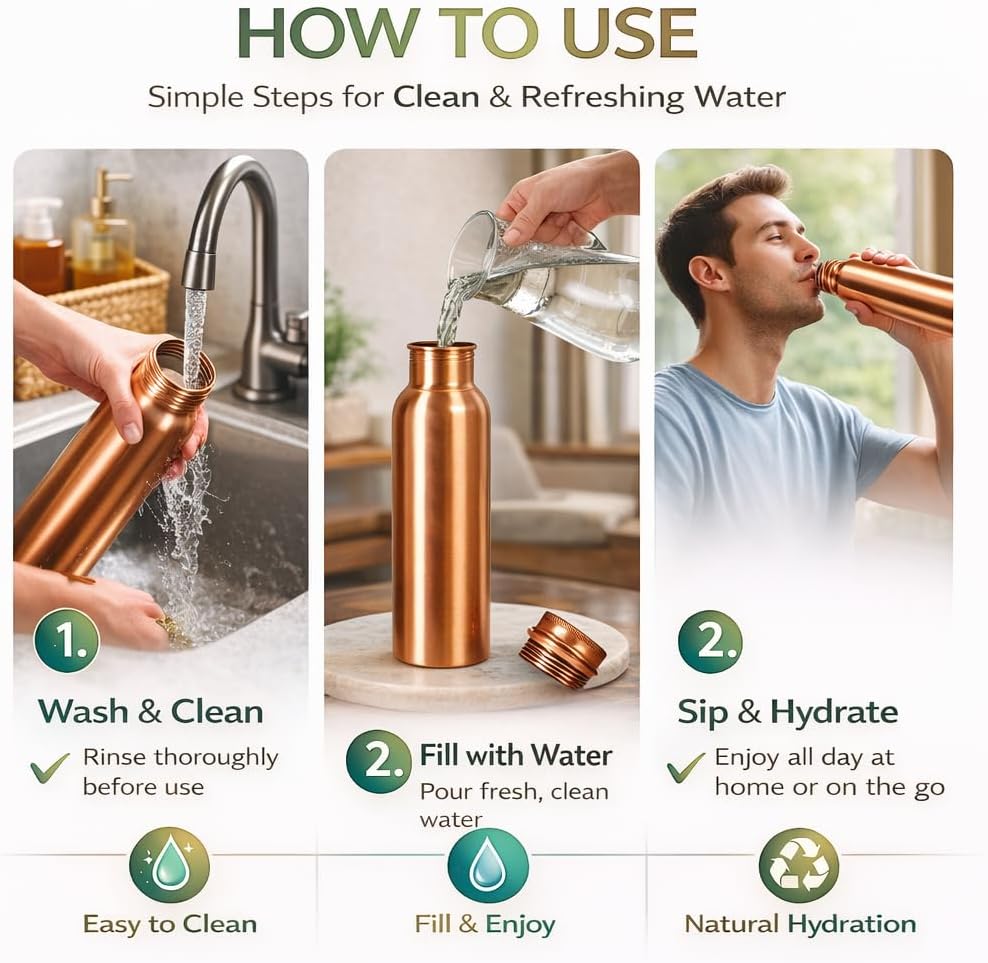 Ayurveda 100% Pure Copper Water Bottle 1ltr/ 32oz - Handmade Durable Copper Bottle For Drinking Water | Leak Proof Lid C opper Vessel for Yoga, Gym, Office, Home & Travel