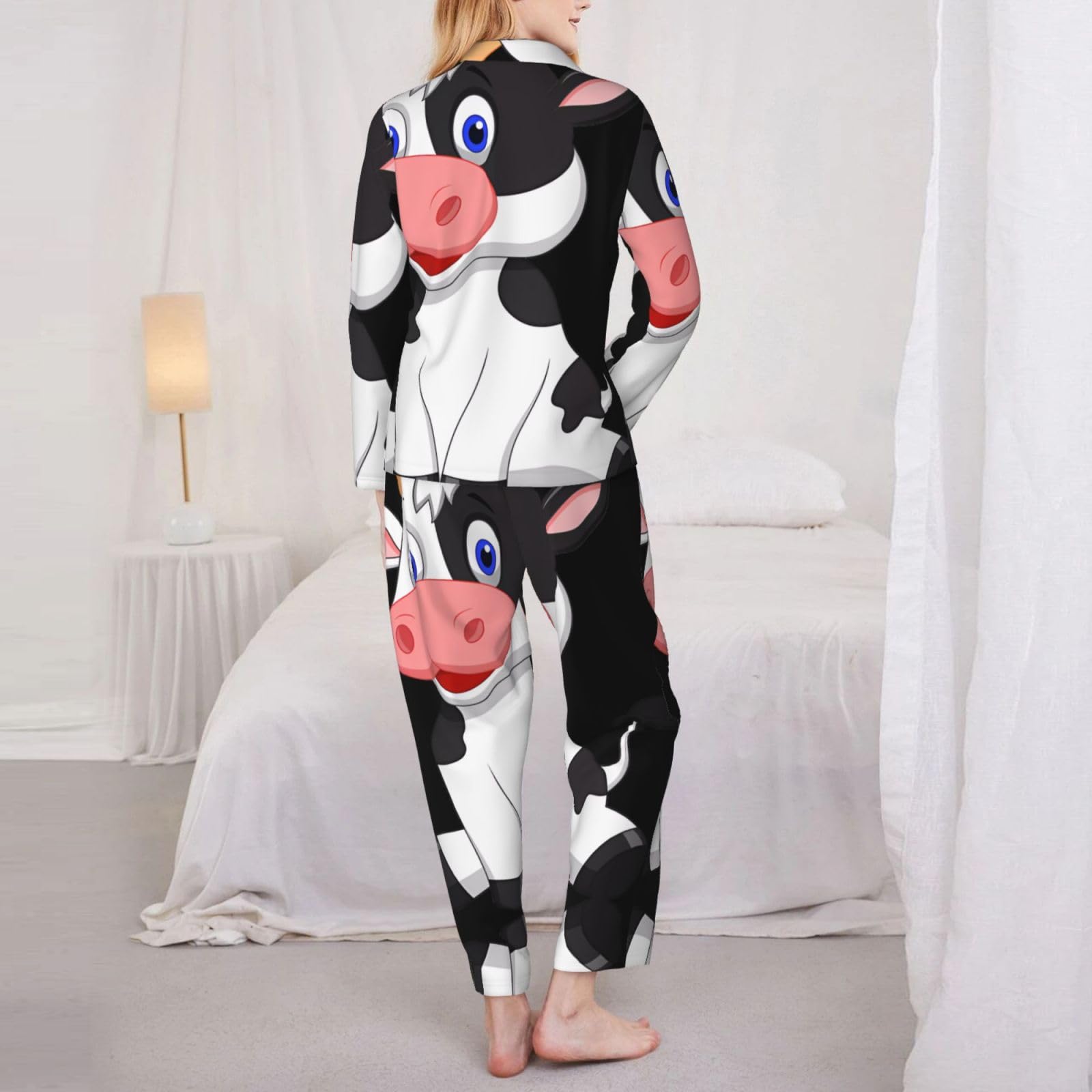 Conjunto de pijama de manga larga para mujer, conjunto de pijama con estampado de vaca lechera, cómoda ropa de dormir para otoño e invierno