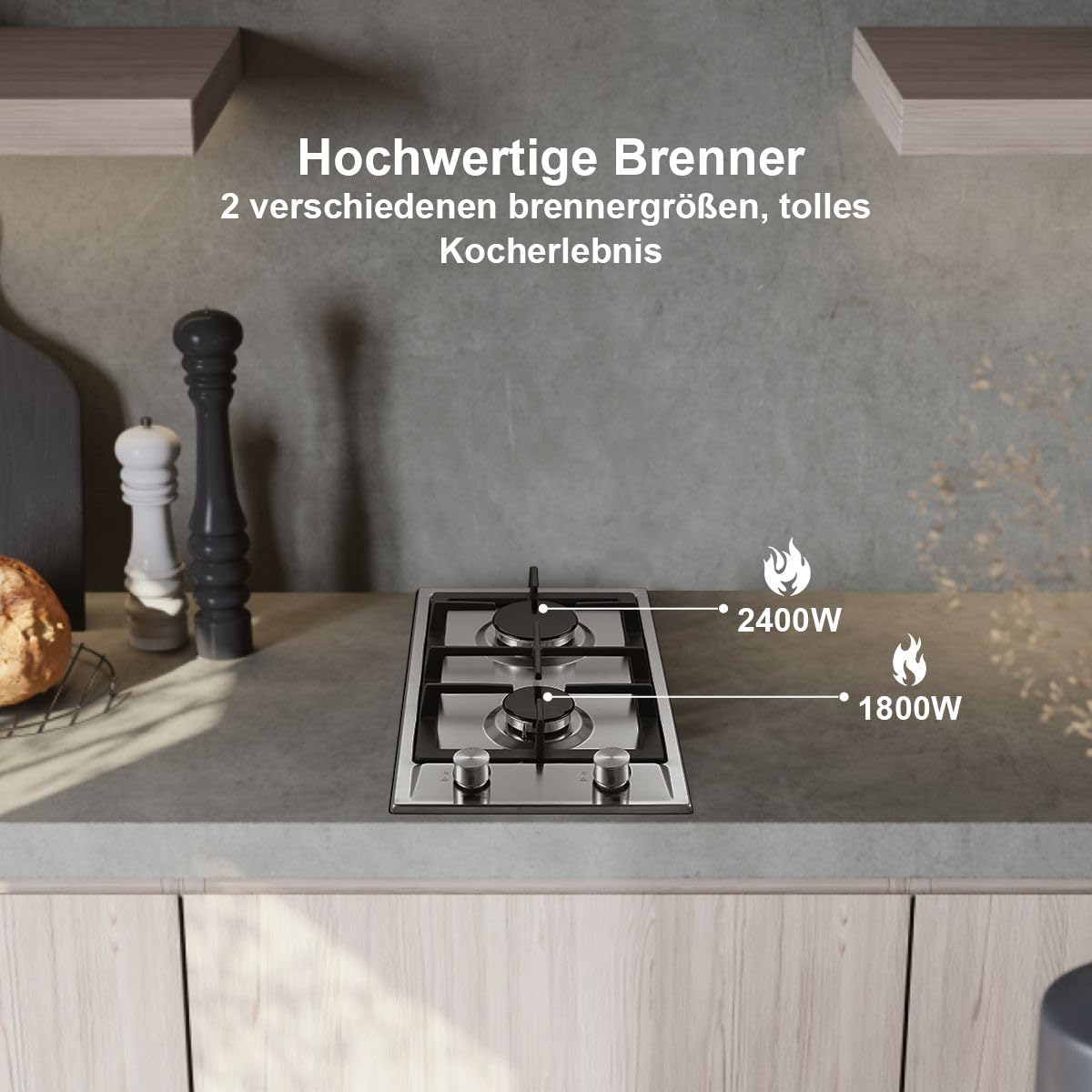 SNDOAS Placa de Gas Encimera Acero Inoxidable 2 Fuegos | Natural/Propano, Válvula de Seguridad, Parrillas en Hierro Fundido, 2400 W/1800 W, 220-240 V