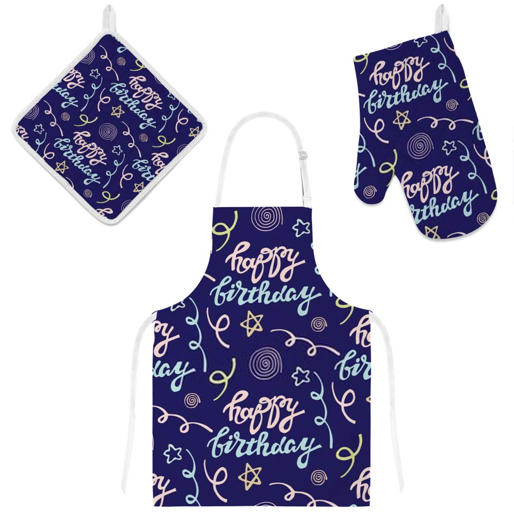Tablier de cuisine 3 pièces maniques gants de four happy birthday imprimé