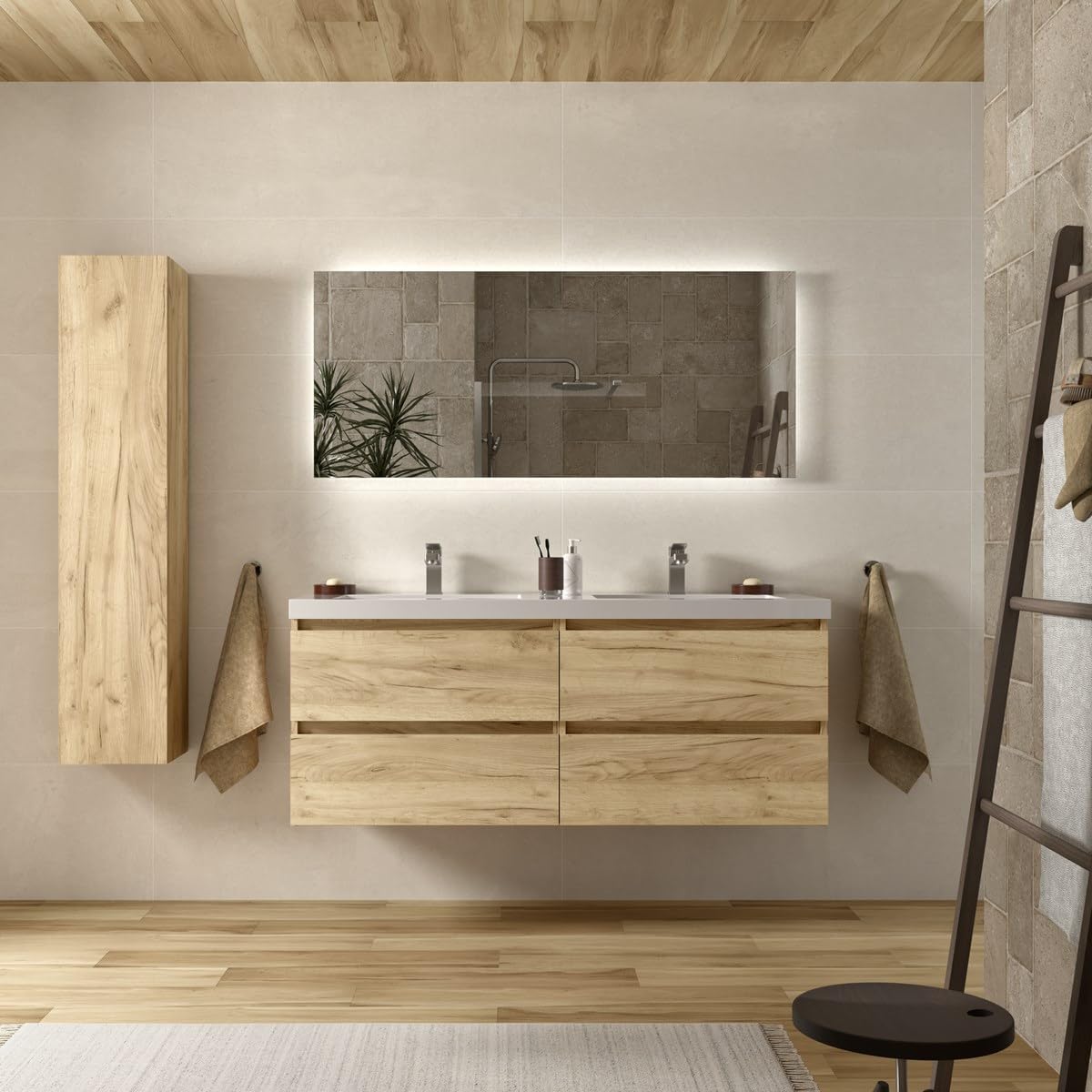 Mueble de baño Bequia 140 cm con Lavabo 100% montado de fábrica | Acabado Roble suspendido 4 cajones Cierre amortiguado Apertura con uñero | Lavabo 2 pozas Porcelana Blanca | Marca Salgar