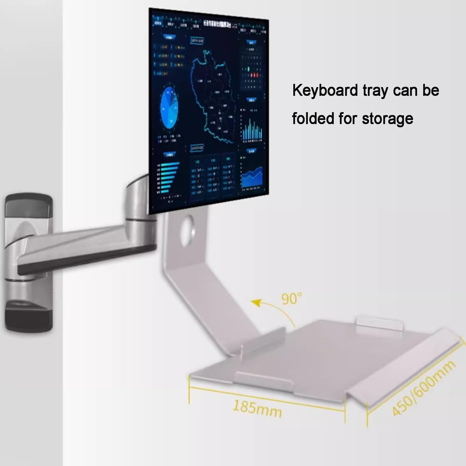 Supporto a parete per monitor e tastiera, postazione di lavoro pieghevole a parete, supporto meccanico per monitor regolabile e girevole, adatto a monitor da 15 a 27 pollici. (Silver 45*21cm Tray)