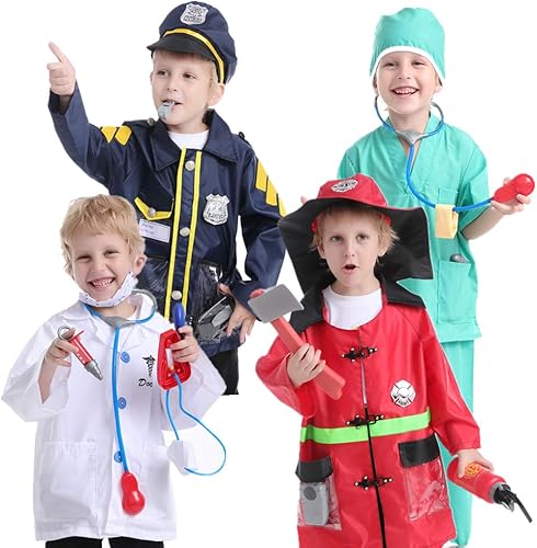 Miniatura 2 de TOPTIE 4 juegos de disfraces para niños con accesorios uniformes de bombero de policía médico cirujano regalos de Navidad para niños y niñas