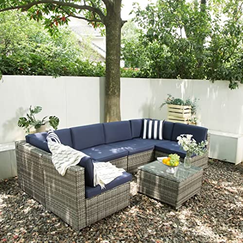 Devoko 7 Pieces Wicker Patio Furniture Set Rattan Outdoor Furniture Sectional Sofa Backyard Furniture Outdoor Couch With Updated Metal Feet (Blue) #TOP1