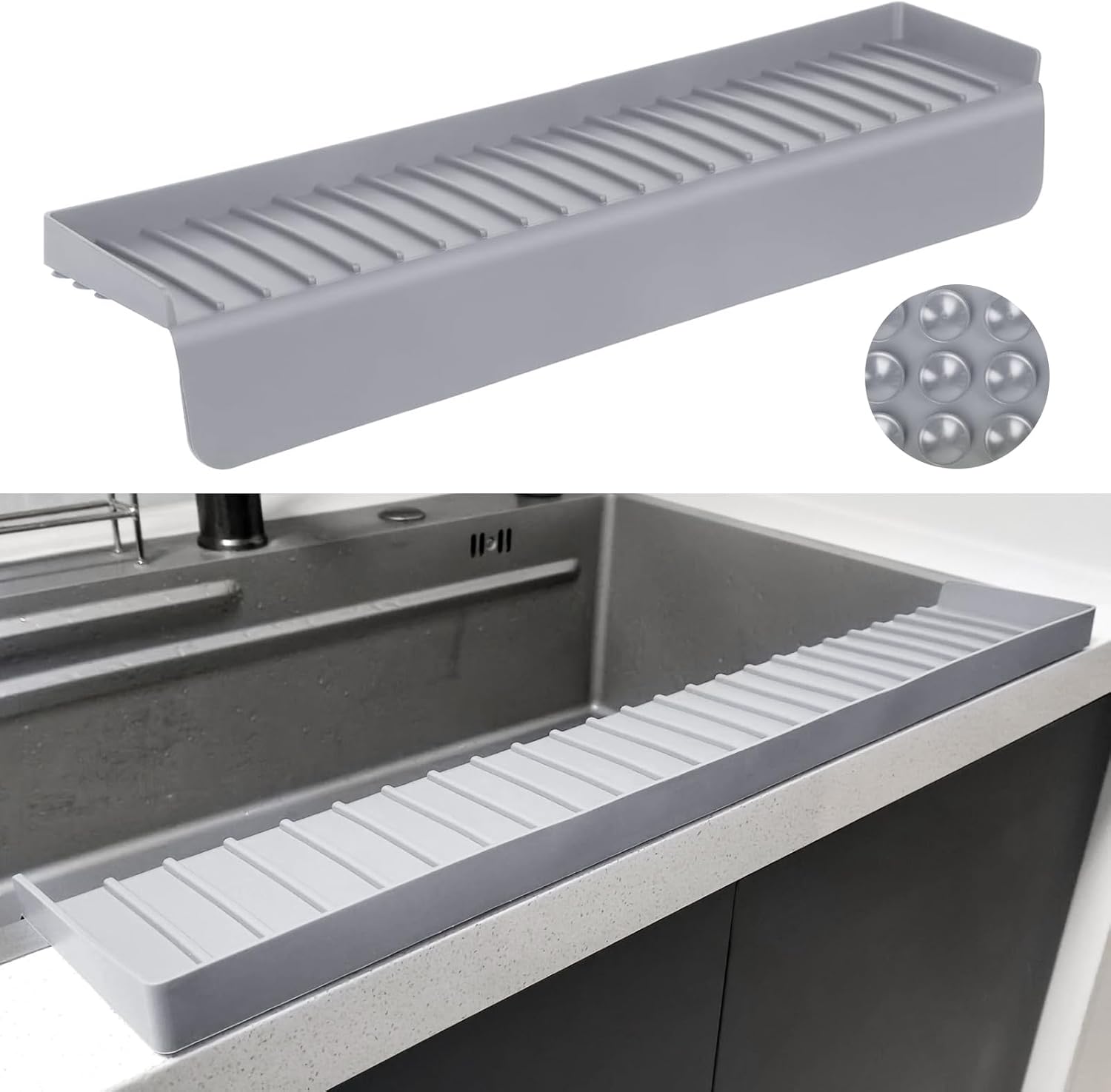 Silicone Sink Edge Protectors - Multifunction Accessories, Splash Guard & Draining Mat for Kitchen, Bathroom Sink, Steel, Granite, Quartz Countertops (Gray, 4 * 24in)