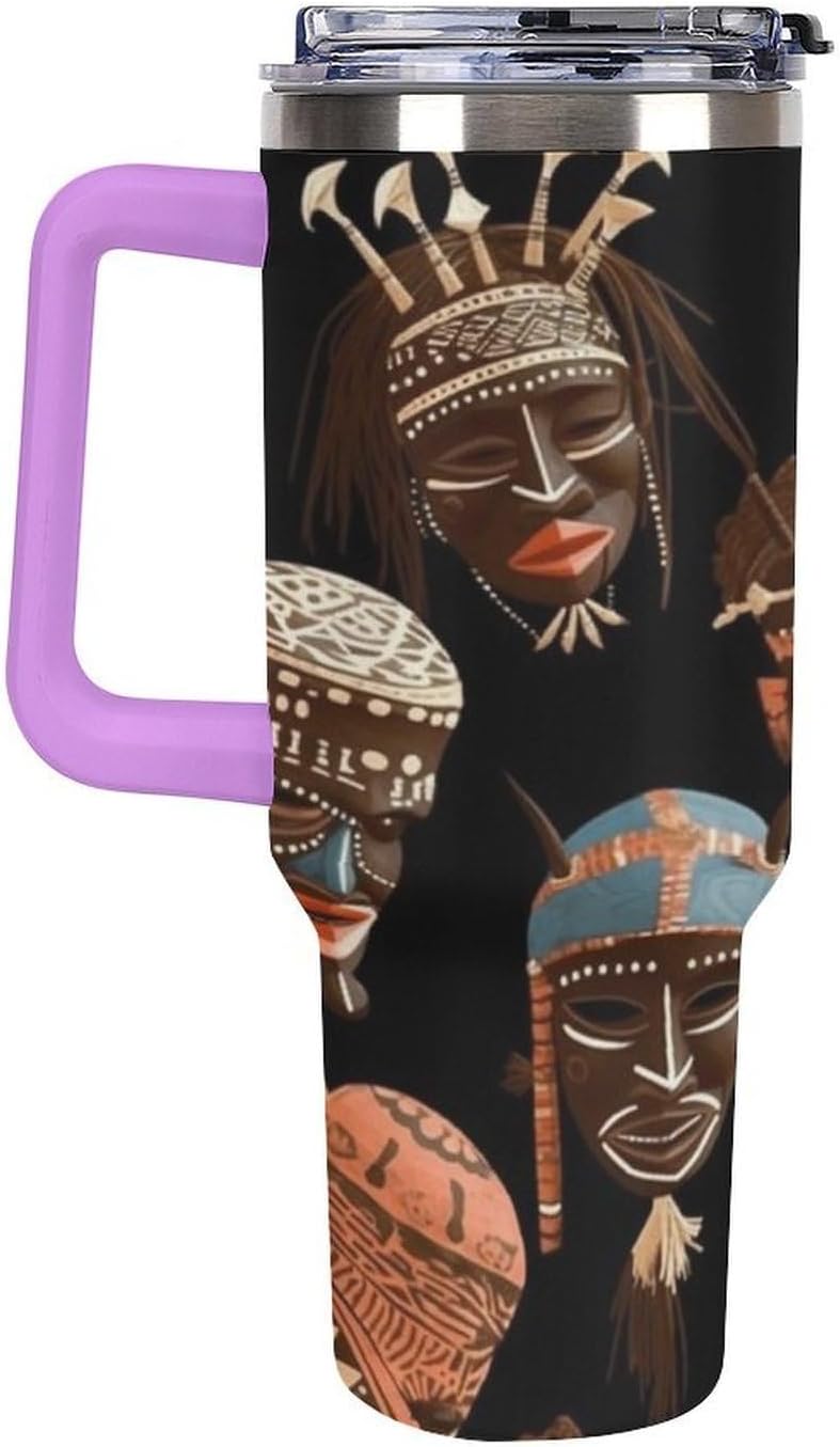 African Ritual Ethnic Tribal Travel Coffee Mug Reusable Durable Stainless Steel Insulated Tumbler with Handle And Straw Leak Resistant Portable Thermal Cup Gifts for Men Women 40 Oz
