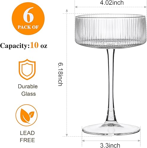 Miniatura 2 de Accguan Copas de cóctel acanaladas de cristal de 10 onzas, juego de 6, vasos de Martini vintage para bar, cóctel, margarita, vino, champán y caja de