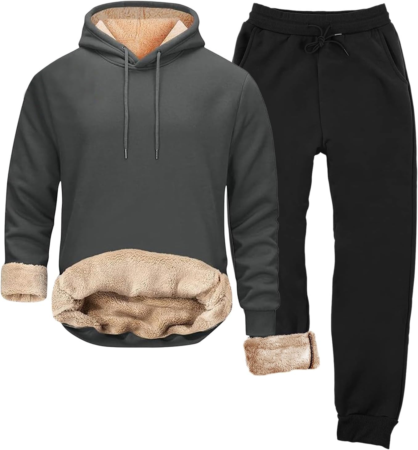 Mens Fleece Lined Sweatsuit Sherpa 2 Piece Hooded Sweatshirts Set Fleece Sweatpants for Winter Thermal Tracksuits