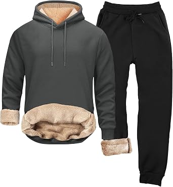 HJINGSUN Mens Sweatsuit Sherpa Lined 2 Piece Hooded Sweatshirts Set Pullover Tops Fleece Sweatpants Winter Thermal Tracksuits
