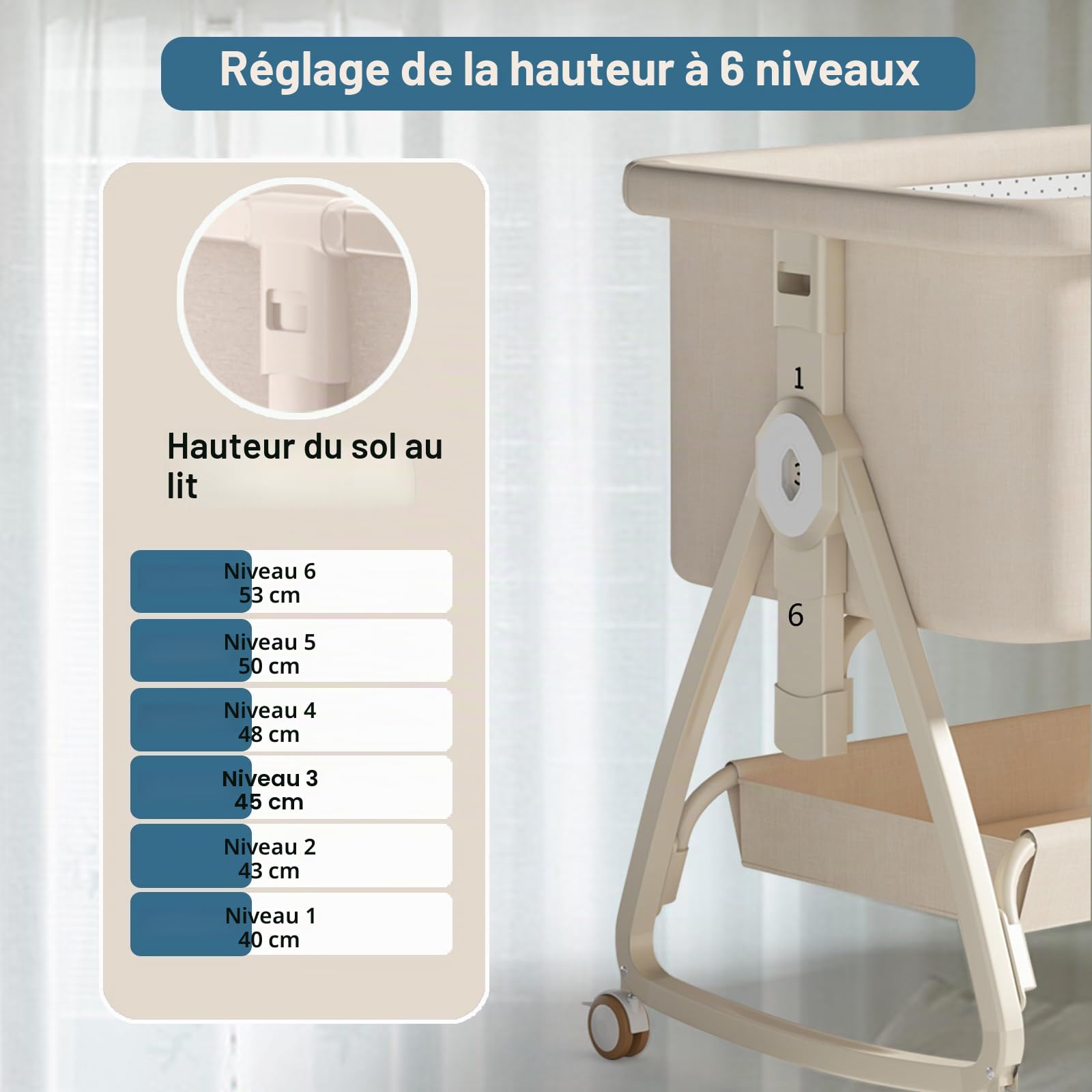 Next to Me Berceau de chevet 4 en 1 avec matelas, 6 hauteurs réglables, filet amovible, panier de rangement et table à langer, peut passer en berceau pour 0 à 3 ans (beige)