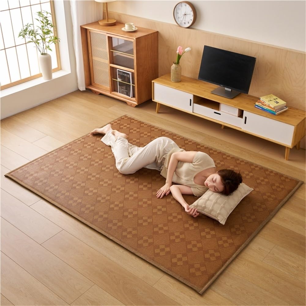 Tappetino Tatami Giapponese Tradizionale in bambù e Rattan Intrecciato, Materasso futon Giapponese Arrotolabile, Tappetino Gigante in Memory Foam for Meditazione e Gioco Zen(Hazel,150x200cm)