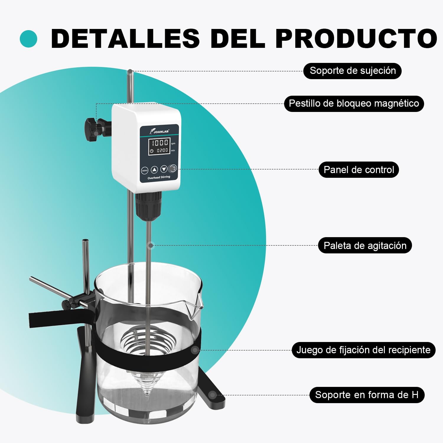 JOANLAB Agitador de Sobremesa Overhead Stirrer, Mezclador de Laboratorio 36W con Paleta y Soporte Inox, Velocidad Ajustable 100-1200 RPM, Temporizador Digital 1min-24h, para 10L & 20000 mPas(OS-5S)