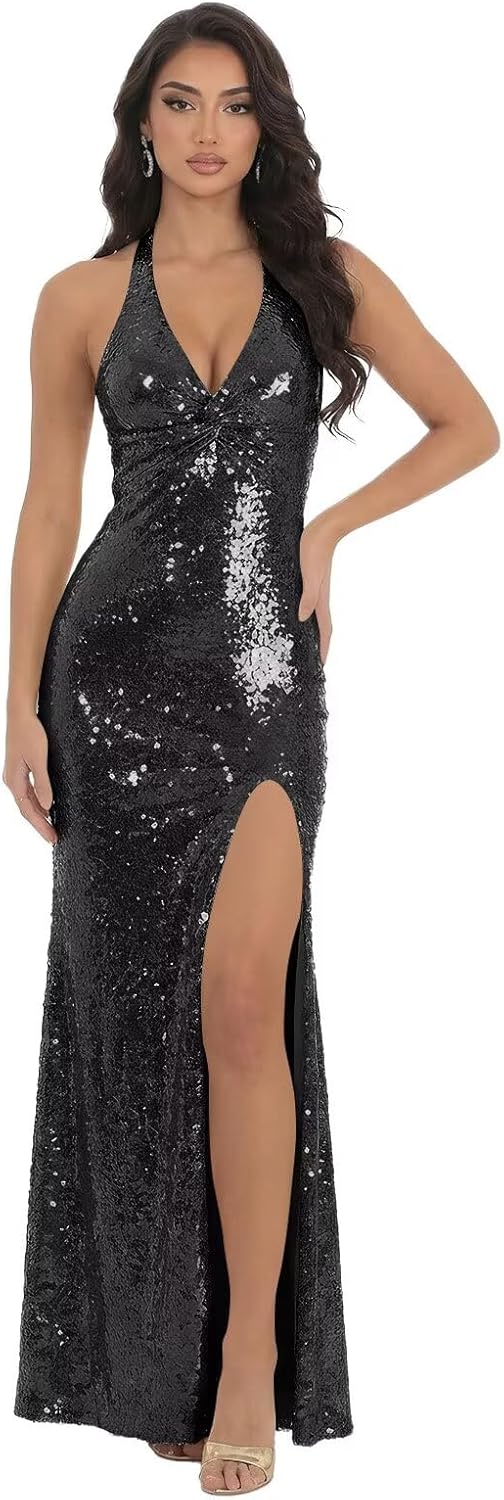 Sparkly Sequin Halter Prom Dresses for Women 2026 Ruched Mermaid Maxi Evening Party Dresses with Slit