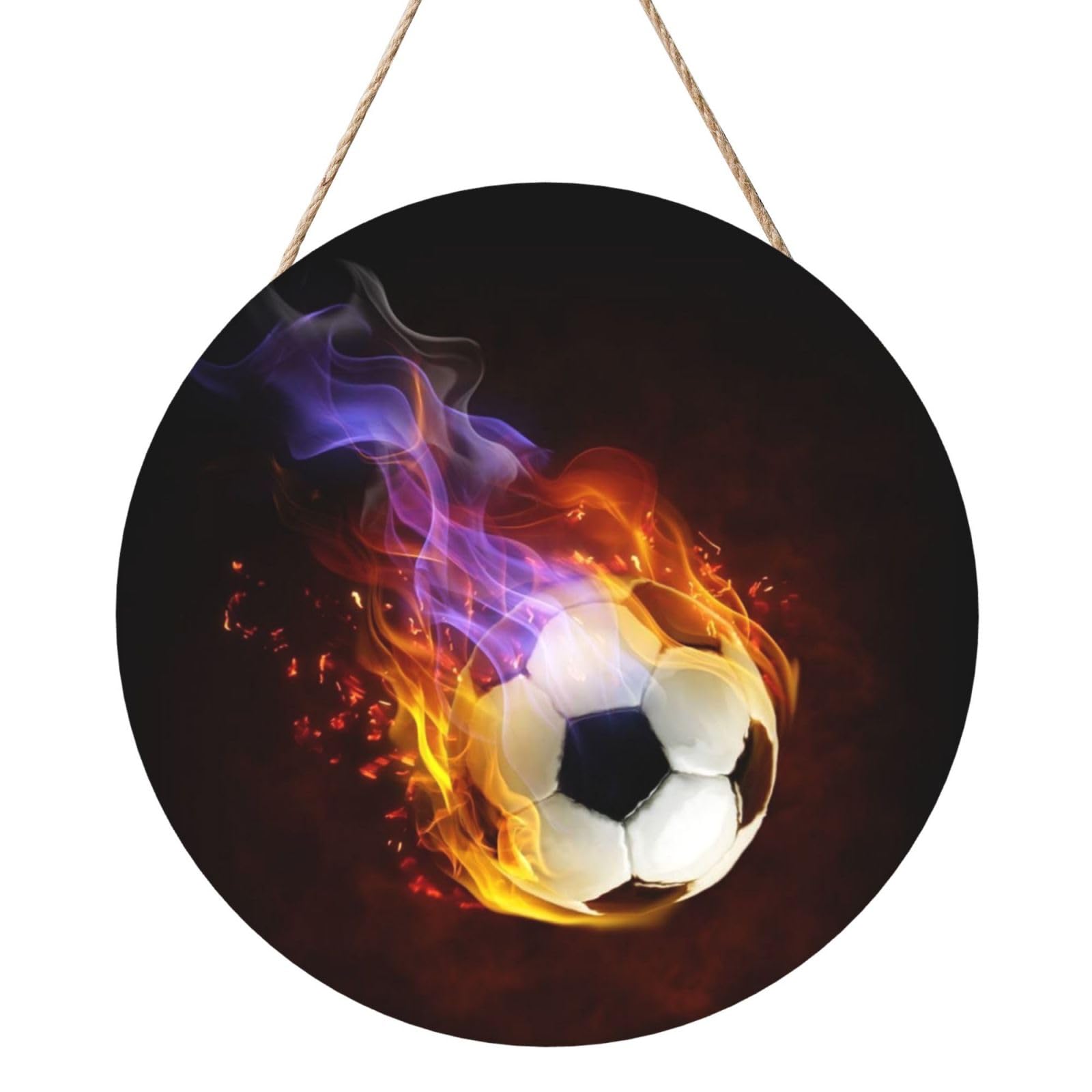 InOmak Fire Football, Round Wood Panel Painting 12 in, Wall Hanging Painting For Home